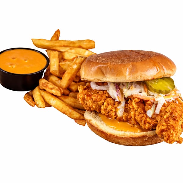 Crispy chicken sandwich with coleslaw and pickles, served with fries and a side of dipping sauce.