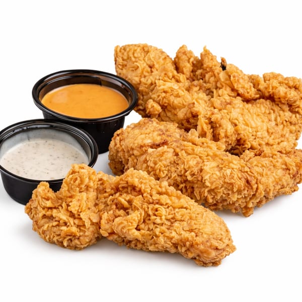 Crispy fried chicken tenders with two dipping sauces, one orange and one white, on a white background.