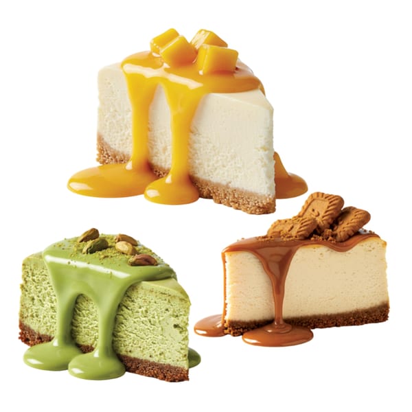 Three cheesecake slices: mango, matcha with pistachios, and caramel with cookies.