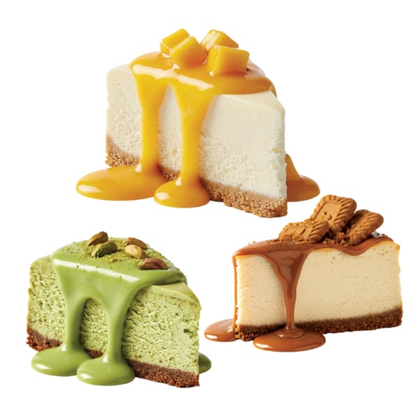 Three cheesecake slices: mango, matcha pistachio, and caramel Biscoff, on a white background.