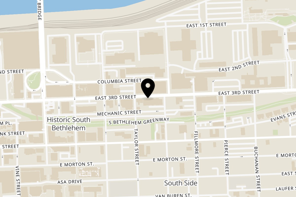 Map showing the location of Sizzling Bites Bethlehem, Pennsylvania, USA on 312 E 3rd St Suite 102 in Bethlehem
