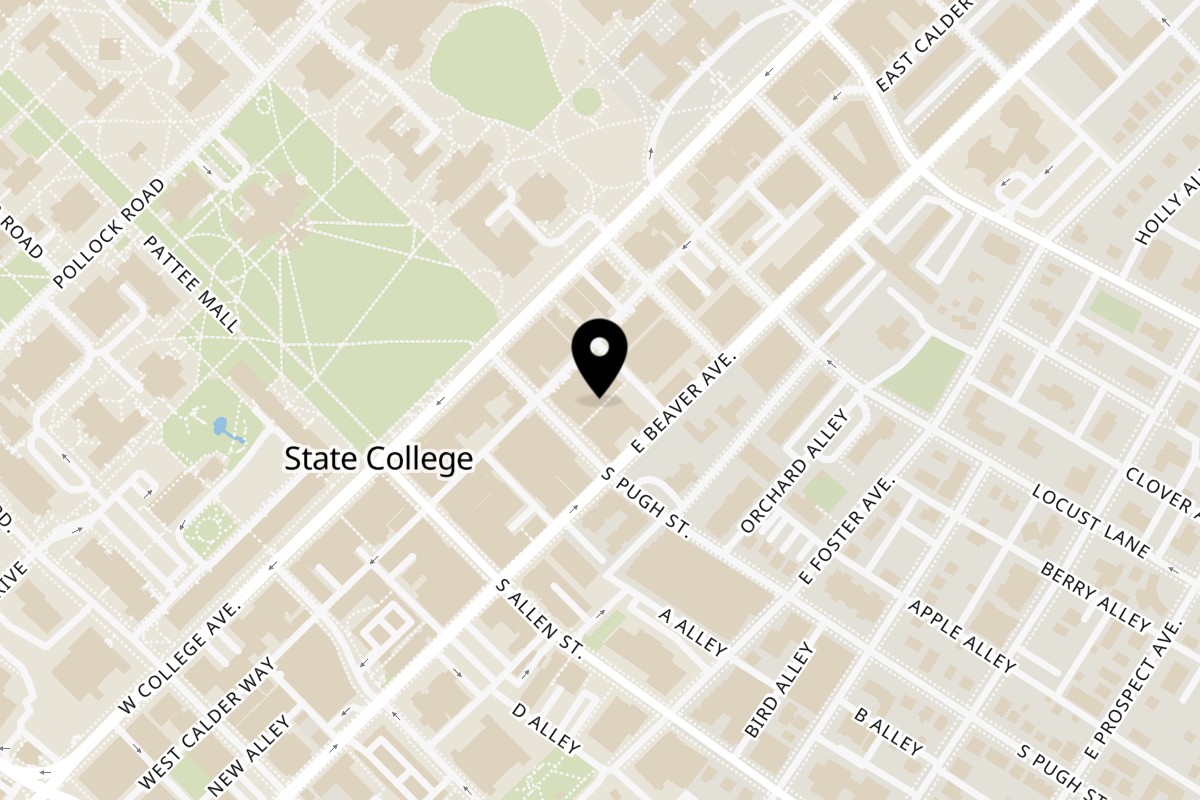 Map showing the location of Sizzling Bites State College, Pennsylvania, USA on 129 S Pugh St in State College